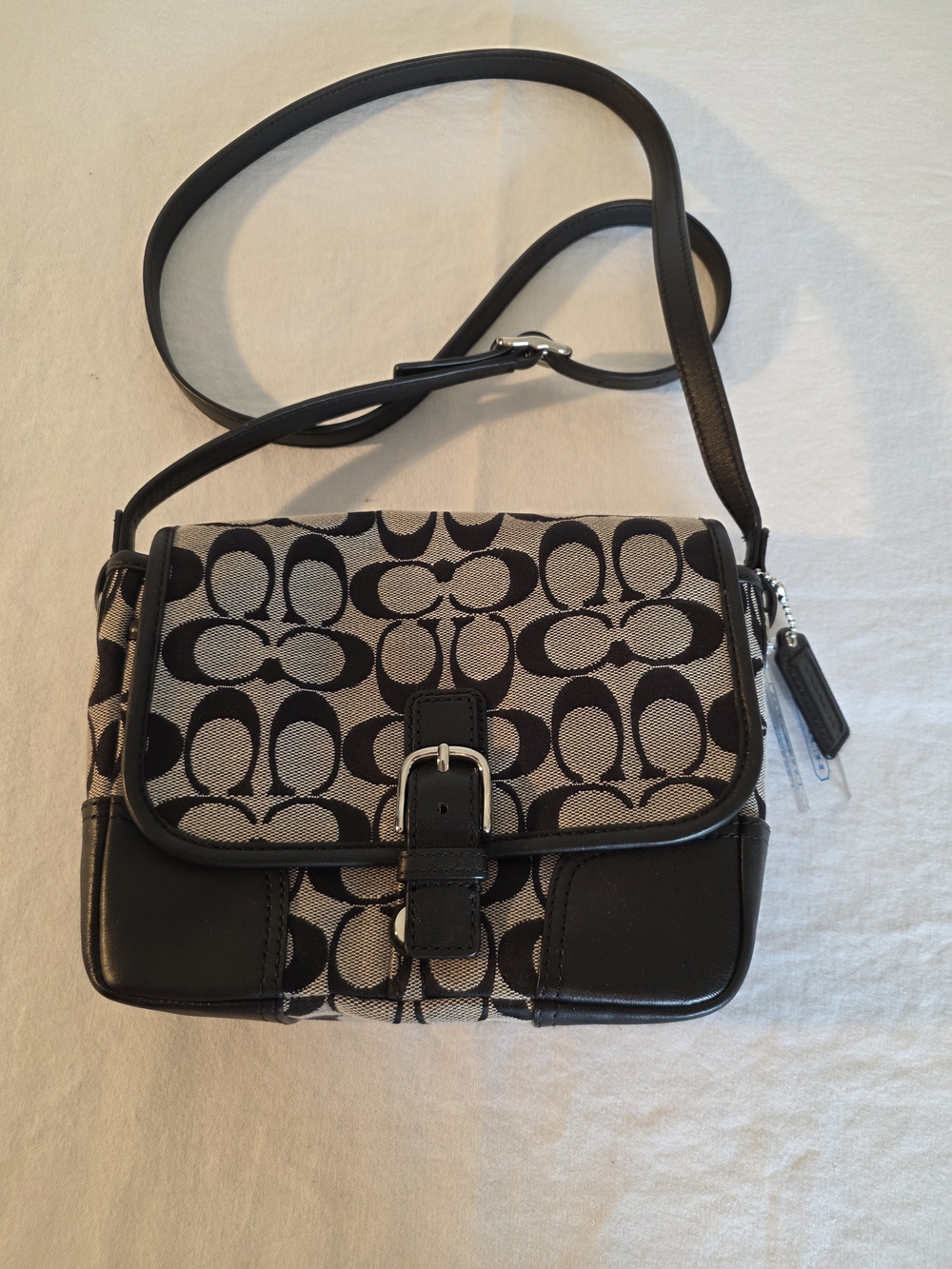 Coach Black and Tan Signature Shoulder Bag with Buckle Flap